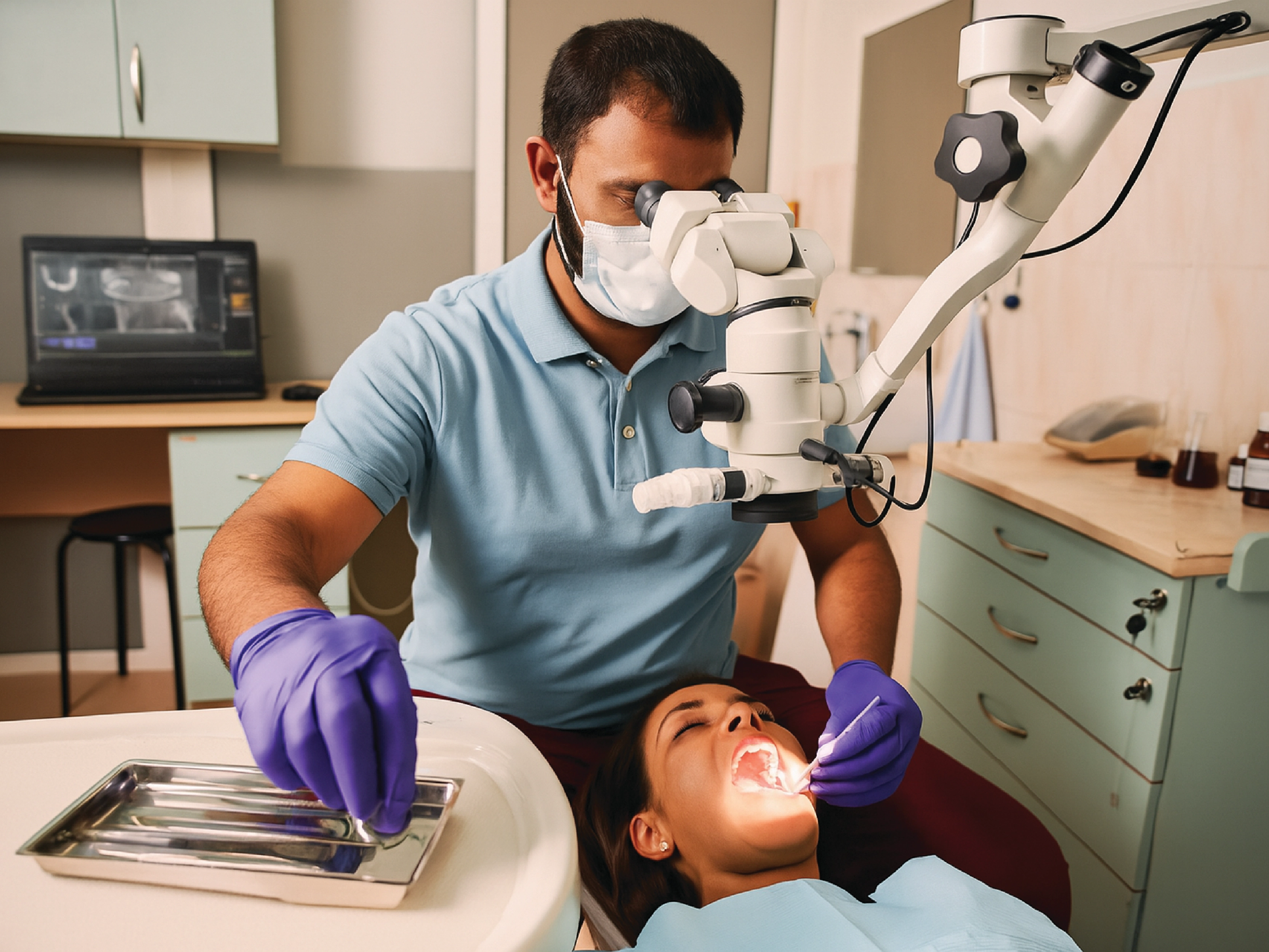 Mentor teaching a student in a modern dental clinic
